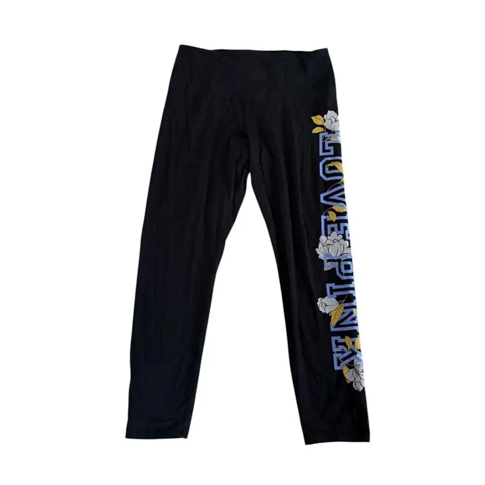 PINK Victoria's Secret Black Leggings with Floral and Lettering